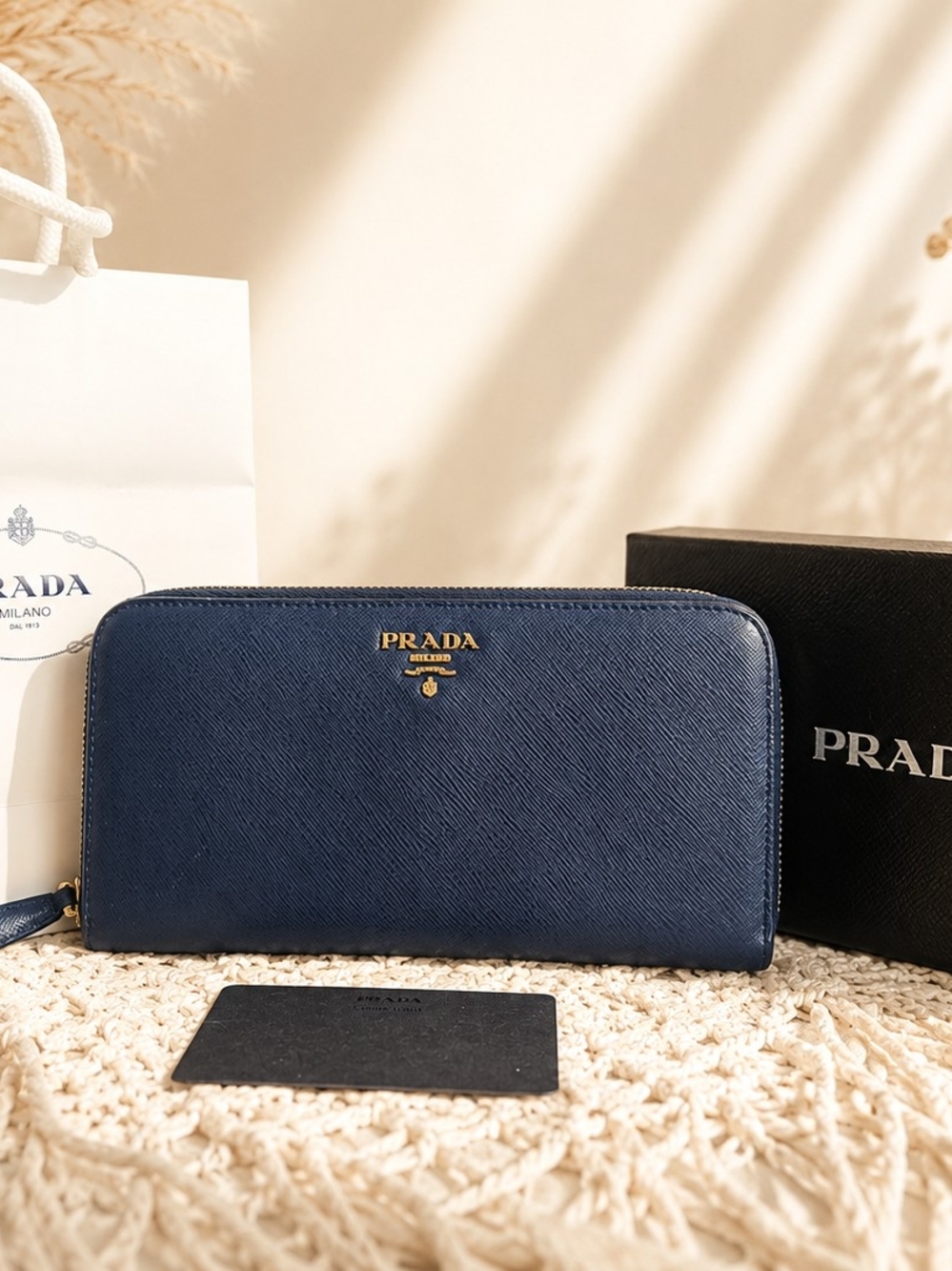 PRADA Navy Saffiano Zip-Around Wallet